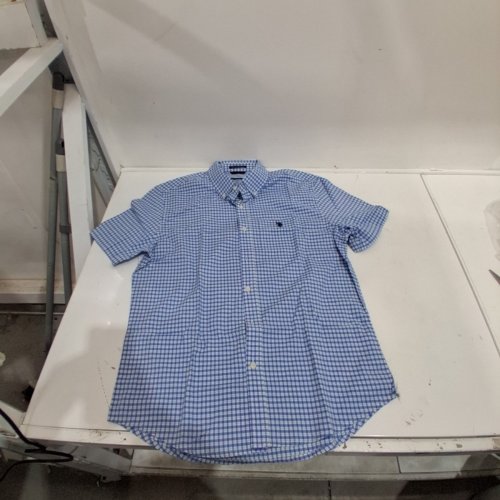 MEN'S U.S. POLO ASSN. SHORT SLEEVE CHECK BUTTON-DOWN SHIRT - MEDIUM - BLUE, WHITE AND GREEN image 2