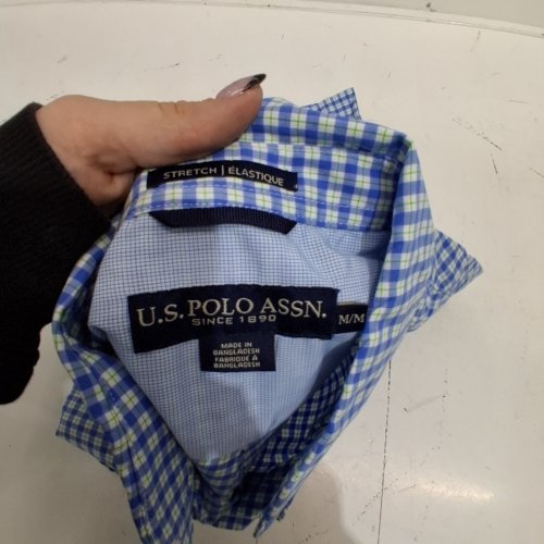 MEN'S U.S. POLO ASSN. SHORT SLEEVE CHECK BUTTON-DOWN SHIRT - MEDIUM - BLUE, WHITE AND GREEN image 3
