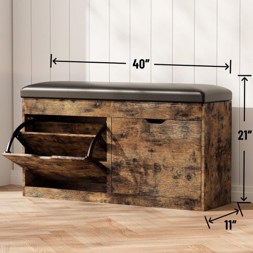 WOODEN SHOE STORAGE BENCH WITH LIFT-TOP PADDED SEAT CUSHION & 2 FLIP DRAWERS - 40" X 11" X 21" - VINTAGE BROWN - (MODEL: RQ-4) image 2