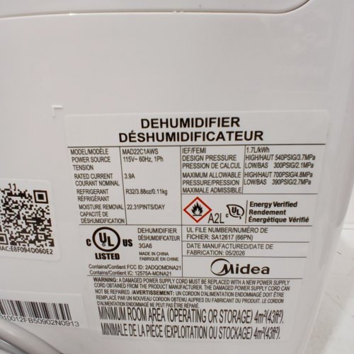 MIDEA EASYDRY DEHUMIDIFIER WITH DIGITAL DISPLAY - 1500SQ.FT. COVERAGE - WHITE (MODEL: MAD22C1AWS) image 7