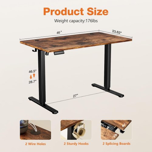 SWEETCRISPY ELECTRIC STANDING DESK WITH WIRE HOLE & HANGING HOOKS - 40" X 24" - RUSTIC BROWN/BLACK - (MODEL: ELT-P4024V3-RUST-CA1) image 2