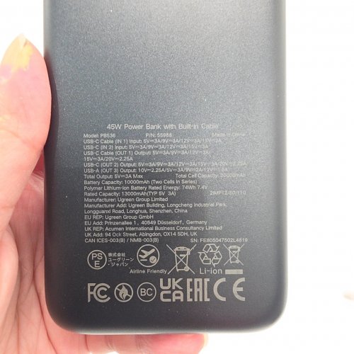 UGREEN 45W POWER BANK WITH BUILT-IN USB-C CABLE - PD 3.0 - 20000MAH - GREY (MODEL: PB536) image 3