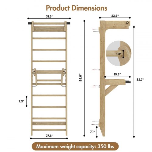 ADVWIN SWEDISH LADDER WALL BAR WITH ADJUSTABLE PULL-UP BAR FOR STRENGTH TRAINING - 89" TALL, 350LBS CAPACITY - NATURAL WOOD - (MODEL: US887503NA00) image 2