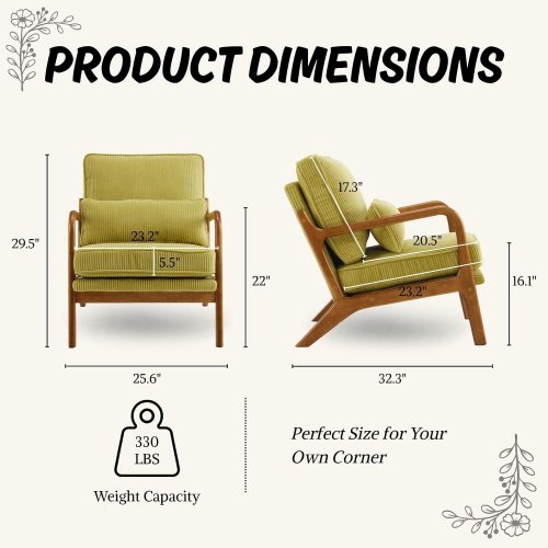 KARL HOME MID-CENTURY MODERN ACCENT CHAIR - 29.5" X 25.6" X 22" - STRIPED CORDUROY GREEN (MODEL: KHMAC0160) image 2