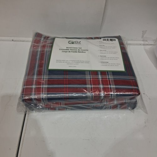 3PC GCI GREEN PLAID DUVET COVER SET - KING, 104" X 90" - RED, NAVY, GRAY, AND WHITE image 3