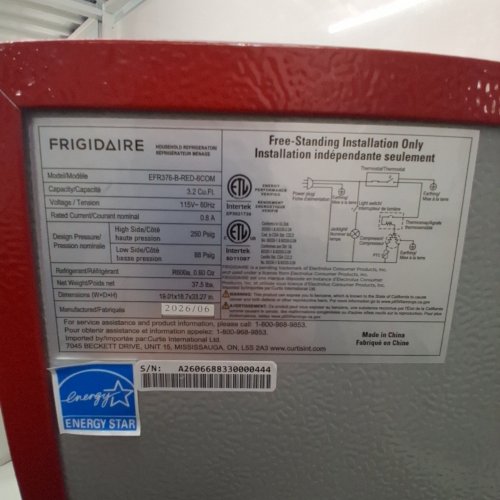 FRIGIDAIRE COMPACT REFRIGERATOR - 3.2 CU. FT, 19.01" X 18.7" X 33.27", 115 V - RED (MODEL: EFR376-B-RED-6COM) image 8