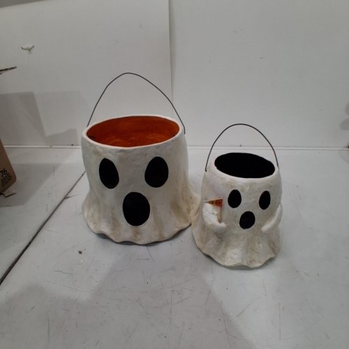 2PC MUDPIE PAPER MACHE GHOST TREAT BUCKETS - 11" X 9"/ 9" X 7.25" - WHITE/BLACK/ORANGE (MODEL: 46000322) image 3