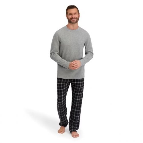 2PC MEN'S HANES THERMAL TOP AND COMFORT FLEECE PANT SLEEP SET - SMALL - GREY image 3