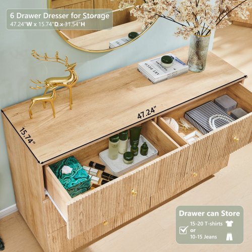 WOW97E 6 DRAWER FLUTED WOODEN DRESSER, - 47" - NATURAL (MODEL: LDBL6D) image 2