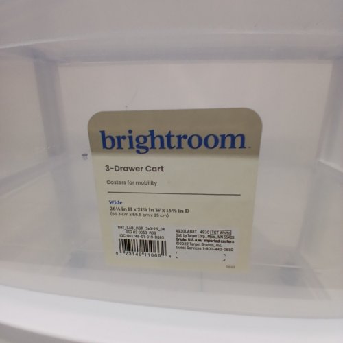 BRIGHTROOM 3-DRAWER WIDE ROLLING STORAGE CART - 24.5" X 22" - WHITE / CLEAR image 3