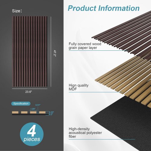4PK GREYMOND WOOD SLAT ACOUSTIC WALL PANELS-3D FLUTED SOUND ABSORBING PANEL - 47" X 23" - WALNUT image 2
