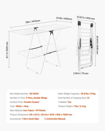 VEVOR FOLDING CLOTHES DRYING RACK - 59" X 23.6" X 39.4" - WHITE AND GRAY (MODEL: RH-6026) image 2
