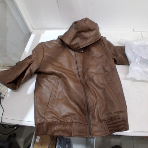 MEN'S UUSOLLECY FAUX LEATHER SHERPA LINED HOODED BOMBER JACKET - MEDIUM - BROWN image 3