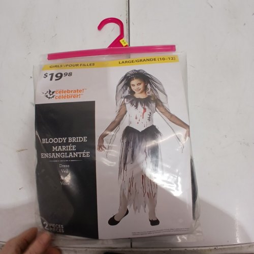 2PC GIRLS WAY TO CELEBRATE BLOODY BRIDE COSTUME DRESS, VEIL - LARGE (10-12) - WHITE/BLACK/RED image 2