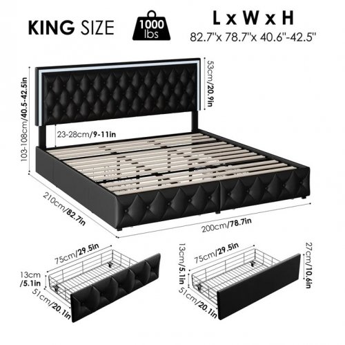 KEYLUV UPHOLSTERED BED FRAME WITH LED LIGHTS AND STORAGE DRAWERS - KING - BEIGE - (MODEL: KLV-UP-220) image 2