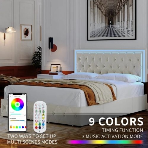 KEYLUV UPHOLSTERED BED FRAME WITH LED LIGHTS AND STORAGE DRAWERS - KING - BEIGE - (MODEL: KLV-UP-220) image 3
