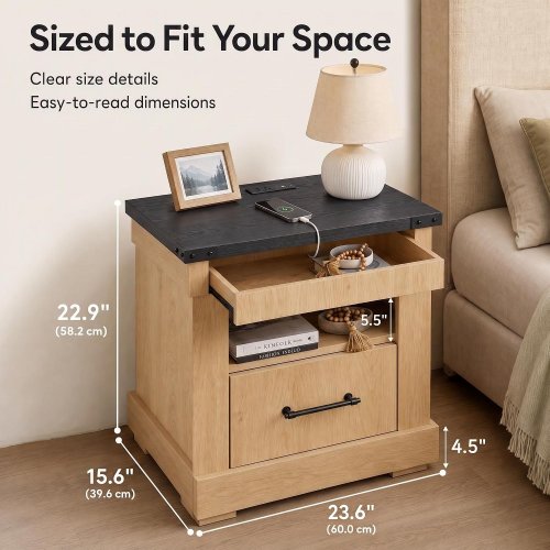 LIKIMIO FARMHOUSE NIGHTSTAND WITH CHARGING STATION - 22.9" X 23.6" X 15.6" - BROWN/BLACK image 2