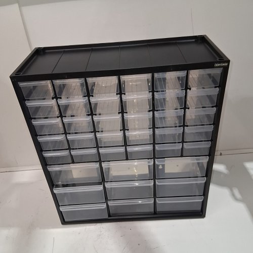 CRAFTSMAN 39-DRAWER PLASTIC SMALL PARTS ORGANIZER - 16" X 14" - BLACK/CLEAR - (MODEL: CMST40739) image 2