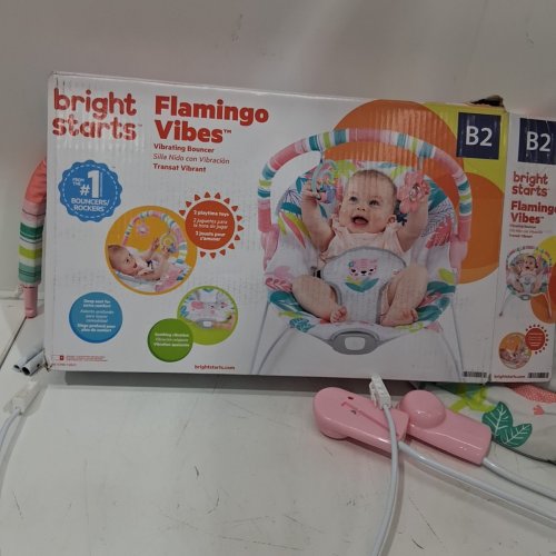 BRIGHT STARTS 3-POINT HARNESS VIBRATING BABY BOUNCER WITH TOY BAR - FLAMINGO VIBES (MODEL: 12228-ES) image 7