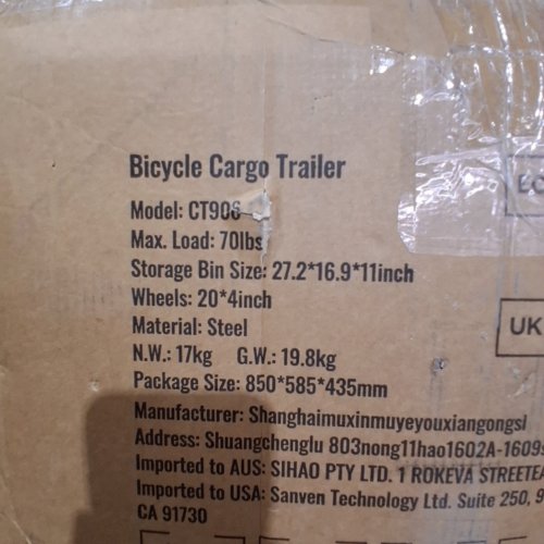 HEAVY DUTY QUICK RELEASE BICYCLE CARGO WAGON TRAILER - 70LBS MAX/ 78.7" X 18.7" X 27.3" - BLACK (MODEL: CT90C) image 2