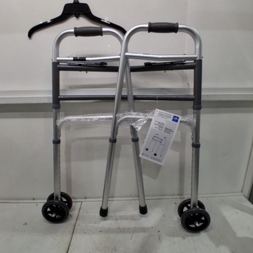 MEDLINE 2-BUTTON CLOSE FOLDABLE WALKER WITH WHEELS - 500 LBS CAP - SILVER/BLACK - (MODEL: MDS86410XW) image 2