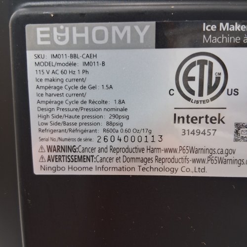 EUHOMY COUNTERTOP ICE MAKER MACHINE WITH HANDLE BASKET AND SCOOP -1.2L - MAKES 26LB/DAY - BLACK (MODEL: IM011-BBL-CAEH) image 3