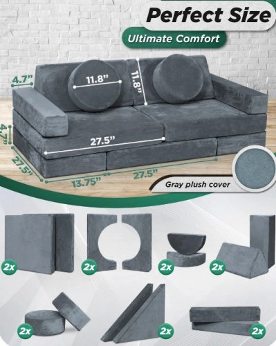 14PC LUNIX MODULAR WASHABLE PLAYCOUCH / FORT BUILDER - 55" - GREY (MODEL: LX15) image 2