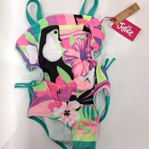 GIRL'S TROPICAL PRINT ONE-PIECE SWIMSUIT WITH SIDE CUTOUTS - SMALL (7/8) - PINK/TEAL/GREEN/BLACK image 2