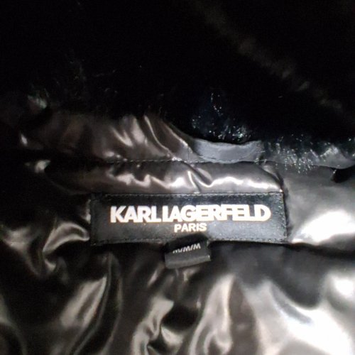 WOMEN'S KARL LAGERFELD WATER RESISTANT CROPPED PATCH BOMBER PARKA - MEDIUM - BLACK/SILVER image 3