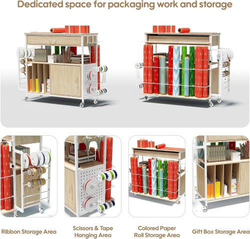 ZETHVAX HEIGHT-ADJUSTABLE GIFT WRAPPING / PACKAGING STORAGE STATION / CABINET - NATURAL / WHITE (MODEL: LM25123103-NATURAL) image 2