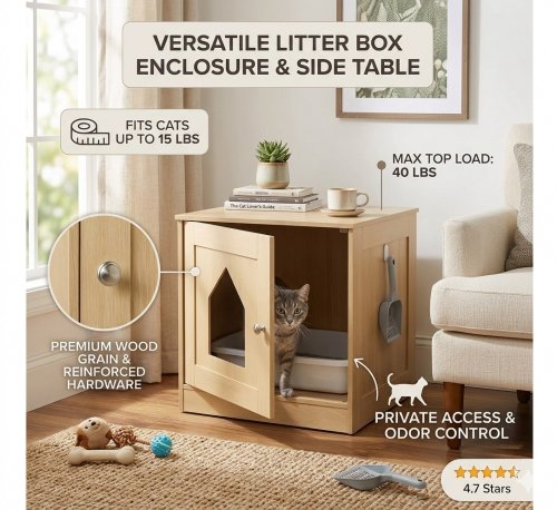 AMAZON BASICS FURNITURE STYLE HIDDEN LITTER BOX CAT POTTY ENCLOSURE, DOUBLES AS A TABLE - 20.25" X 20.25" X 19.25" - LIGHT OAK WOOD image 2