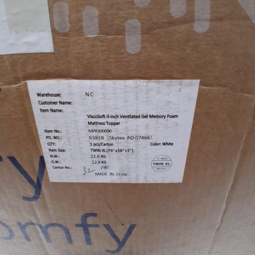VISCOSOFT VENTILATED GEL MEMORY FOAM MATTRESS TOPPER - TWIN XL ,79" X 38" X 4" - WHITE (ITEM: MPR300090) image 2