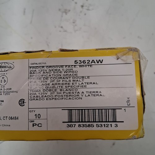 10 HUBBELL RIGS NEMA 5-20R GROUNDING OUTLET - WHITE (MODEL: 5362AW) image 3