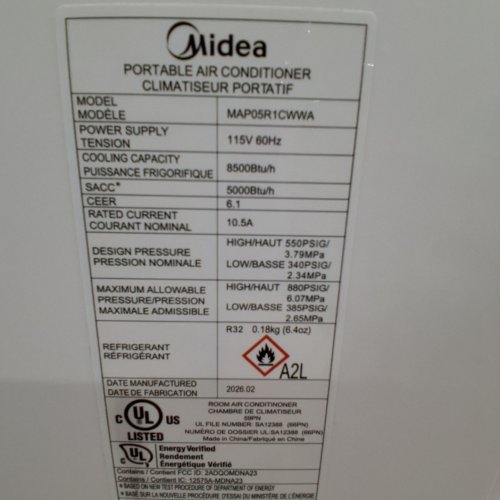 MIDEA PORTABLE AIR CONDITIONER WITH WHEELS - 115V - 350SQ.FT - WHITE (MODEL: MAP05R1CWWA) image 8