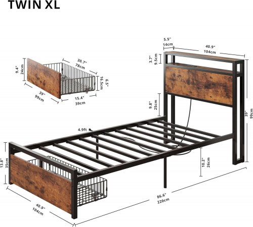 LIKIMIO BED FRAME WITH STORAGE DRAWER AND CHARGING STATION - TWIN XL - VINTAGE BROWN (MODEL: HK-TXBF-24) image 3