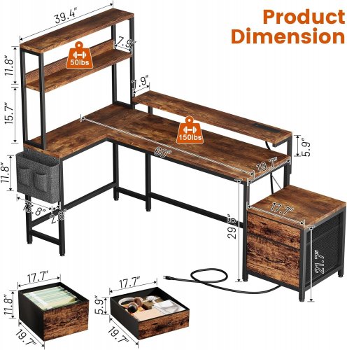 REAHOME L-SHAPED DESK WITH SHELVES AND FILE STORAGE DRAWERS - 60" X 39" - BROWN WITH WHITE FRAME - (MODEL: HOT004LC) image 2
