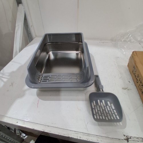 STAINLESS STEEL CAT LITTER BOX WITH LID AND SCOOP - 16" X 12" X 6" - GREY image 3