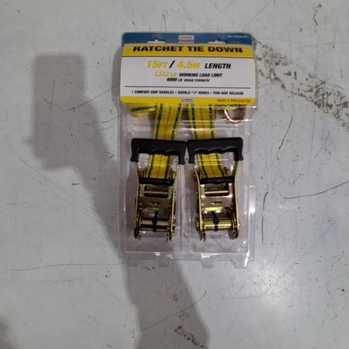 2PK U-HAUL PRO DUTY RATCHET TIE DOWN STRAPS - 15FT - 1333 LBS WORKING LOAD LIMIT - 4000 LBS BREAK STRENGTH - YELLOW (MODEL : PRO340720) image 2