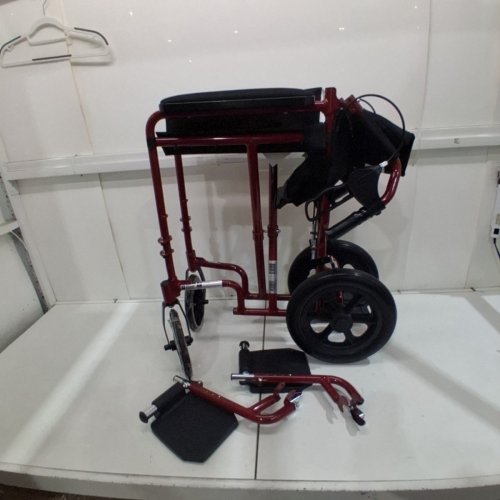 MEDLINE BASIC ALUMINUM TRANSPORT WHEELCHAIR - 19" - 12" REAR WHEELS WITH BRAKES - 300LBS CAPACITY - RED (MODEL: MDS808210ARE) image 2