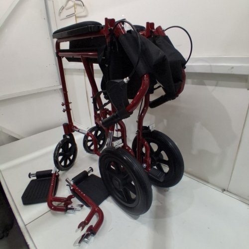MEDLINE BASIC ALUMINUM TRANSPORT WHEELCHAIR - 19" - 12" REAR WHEELS WITH BRAKES - 300LBS CAPACITY - RED (MODEL: MDS808210ARE) image 6