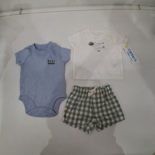3PC BABY'S CARTER'S CHILD OF MINE OUTFIT SET WITH ONESIE, SHORT SLEEVE SHIRT AND SHORTS - NEWBORN (0M) - BLUE, WHITE AND GREEN PLAID image 2