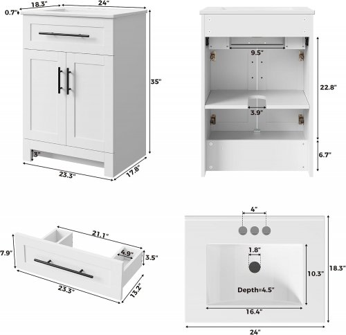 LIKIMIO WOODEN BATHROOM VANITY WITH SINK - 24" X 18" X 35" - WHITE - (MODEL: HK-KZXST-13) image 2