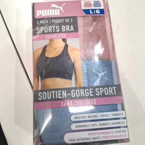 2PK WOMEN'S PUMA SEAMLESS MOISTURE WICKING SPORTS BRAS WITH REMOVABLE CUPS - LARGE - PINK/BLUE (STYLE: 5241992) image 3