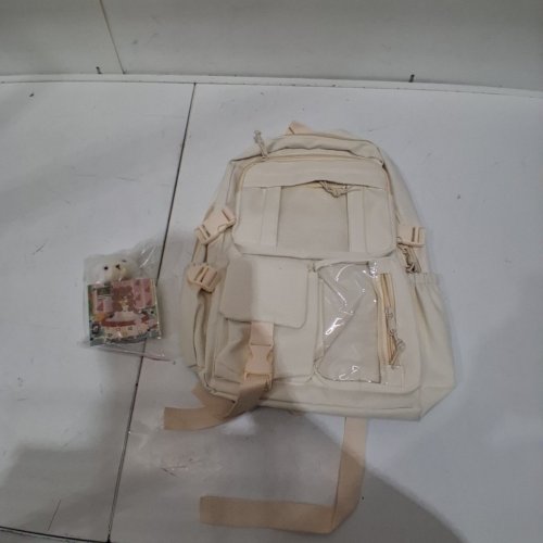 MULTI-POCKET STYLISH BACKPACK WITH SMALL PLUSH CHARM - 16" - CREAM image 3
