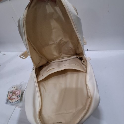MULTI-POCKET STYLISH BACKPACK WITH SMALL PLUSH CHARM - 16" - CREAM image 4