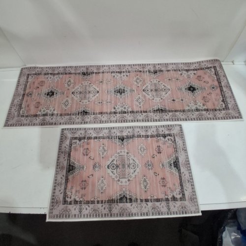 2PK NON-SLIP VINTAGE BOHO PRINT RUNNER RUG AND ACCENT FLOOR MAT SET - 1.5 FT X 2 FT & 1.5 FT X 4 FT - PINK BEIGE image 2
