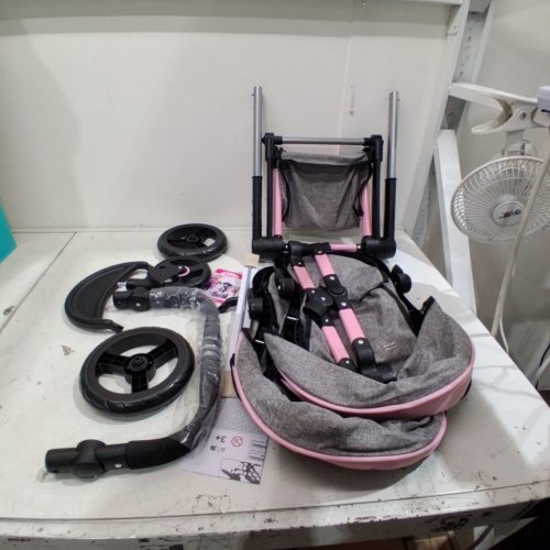 BAYER XEO TWIN DOLL CARRIAGE STROLLER FOR DOLLS UP TO 18" - 30" X 14.5" X 29.5" - GREY/PINK (MODEL: 26733AA) image 2