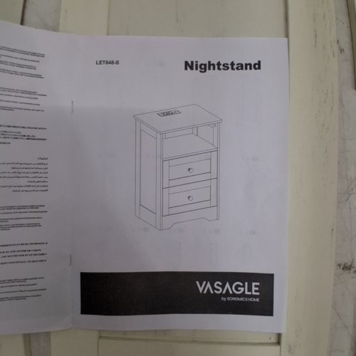 VASAGLE NIGHTSTAND WITH SOCKETS & DRAWERS - 24" X 15" - RUSTIC WHITE/HONEY BROWN (MODEL: LET648-S) image 2