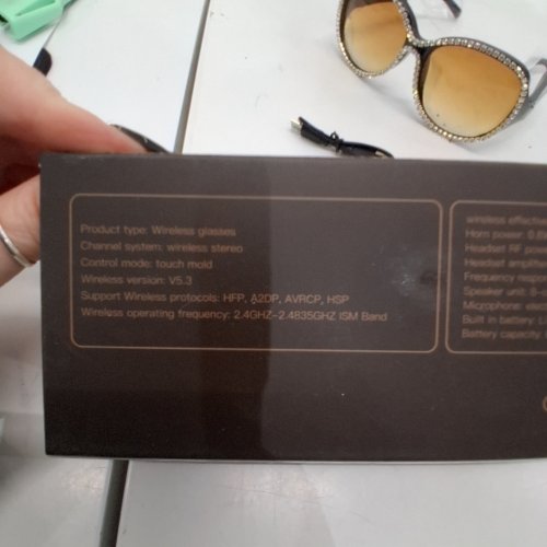 ADULTS FASHION SMART WIRELESS RHINESTONE-TRIM SUNGLASSES - BLACK FRAME, AMBER LENSES (MODEL: F07 MAX) image 2