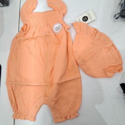 2PC GIRL'S ROMPER WITH HAT SET - 6-12M - ORANGE image 2